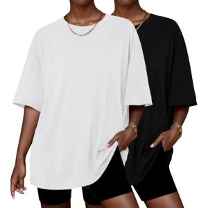 imageEkouaer 2 Pack Womens Pajama Tops Short Sleeve Oversized T Shirts Summer Spring Tops 2025 Basic Casual Tee Top SXXLBlackWhite