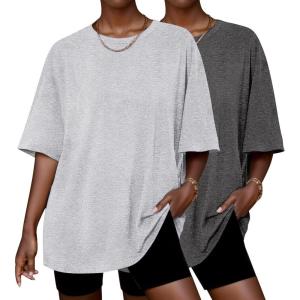 imageEkouaer 2 Pack Womens Pajama Tops Short Sleeve Oversized T Shirts Summer Spring Tops 2025 Basic Casual Tee Top SXXLCharcoal HeatherLight Grey Heather