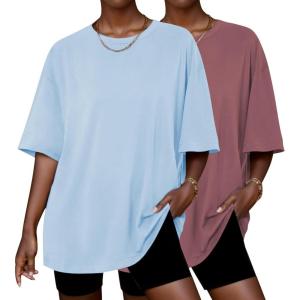 imageEkouaer 2 Pack Womens Pajama Tops Short Sleeve Oversized T Shirts Summer Spring Tops 2025 Basic Casual Tee Top SXXLClear BlueOld Rose