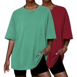 imageEkouaer 2 Pack Womens Pajama Tops Short Sleeve Oversized T Shirts Summer Spring Tops 2025 Basic Casual Tee Top SXXLLight GreenWine Red