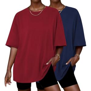 imageEkouaer 2 Pack Womens Pajama Tops Short Sleeve Oversized T Shirts Summer Spring Tops 2025 Basic Casual Tee Top SXXLNavyWine Red