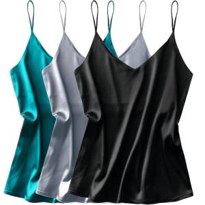 imageEkouaer 3 Pack Womens Silk Satin Tank Top V Neck Camisole Cami Spaghetti Strap Top Loose Sleeveless Blouses Tank ShirtBlackGrayDark Green