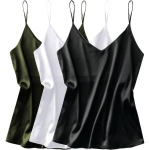 imageEkouaer 3 Pack Womens Silk Satin Tank Top V Neck Camisole Cami Spaghetti Strap Top Loose Sleeveless Blouses Tank ShirtBlackWhiteArmy Green
