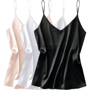 imageEkouaer 3 Pack Womens Silk Satin Tank Top V Neck Camisole Cami Spaghetti Strap Top Loose Sleeveless Blouses Tank ShirtBlackWhiteChampagne