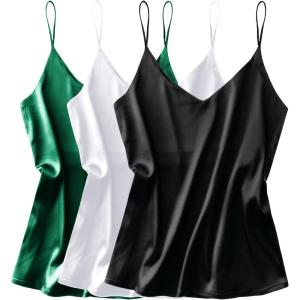 imageEkouaer 3 Pack Womens Silk Satin Tank Top V Neck Camisole Cami Spaghetti Strap Top Loose Sleeveless Blouses Tank ShirtBlackWhiteGreen