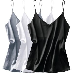 imageEkouaer 3 Pack Womens Silk Satin Tank Top V Neck Camisole Cami Spaghetti Strap Top Loose Sleeveless Blouses Tank ShirtBlackWhiteGrey