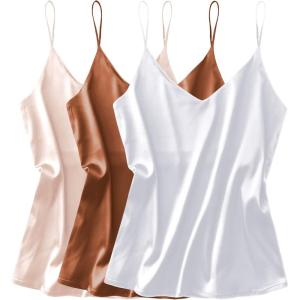 imageEkouaer 3 Pack Womens Silk Satin Tank Top V Neck Camisole Cami Spaghetti Strap Top Loose Sleeveless Blouses Tank ShirtKhakiChampagneWhite