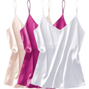 imageEkouaer 3 Pack Womens Silk Satin Tank Top V Neck Camisole Cami Spaghetti Strap Top Loose Sleeveless Blouses Tank ShirtWhiteChampagneRose Red