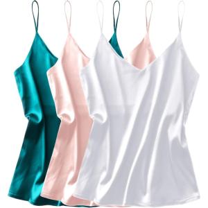 imageEkouaer 3 Pack Womens Silk Satin Tank Top V Neck Camisole Cami Spaghetti Strap Top Loose Sleeveless Blouses Tank ShirtWhitePinkDark Green