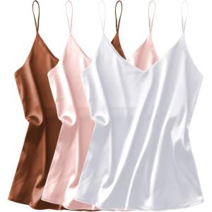 imageEkouaer 3 Pack Womens Silk Satin Tank Top V Neck Camisole Cami Spaghetti Strap Top Loose Sleeveless Blouses Tank ShirtWhitePinkKhaki