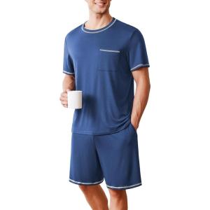 imageEkouaer Mens Pajamas Set Casual Short Sleeve Shirts and Shorts Soft 2 Piece Loungewear With PocketsBlue