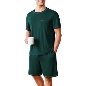 imageEkouaer Mens Pajamas Set Casual Short Sleeve Shirts and Shorts Soft 2 Piece Loungewear With PocketsGreen