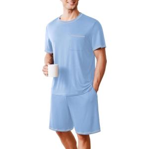 imageEkouaer Mens Pajamas Set Casual Short Sleeve Shirts and Shorts Soft 2 Piece Loungewear With PocketsSky Blue