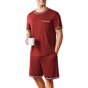 imageEkouaer Mens Pajamas Set Casual Short Sleeve Shirts and Shorts Soft 2 Piece Loungewear With PocketsWine Red