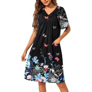 imageEkouaer Womens House Dress Floral Print Nightgown with Pockets Mumu DressBlack Butterfly