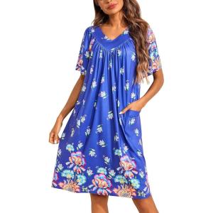 imageEkouaer Womens House Dress Floral Print Nightgown with Pockets Mumu DressBlue