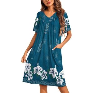 imageEkouaer Womens House Dress Floral Print Nightgown with Pockets Mumu DressBlue Green
