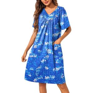 imageEkouaer Womens House Dress Floral Print Nightgown with Pockets Mumu DressBlue Leaf