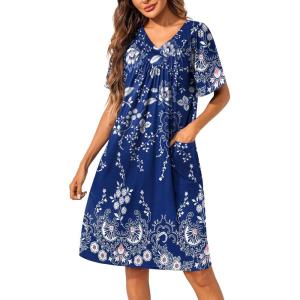 imageEkouaer Womens House Dress Floral Print Nightgown with Pockets Mumu DressBlue and White Flower