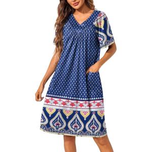 imageEkouaer Womens House Dress Floral Print Nightgown with Pockets Mumu DressNavy Blue