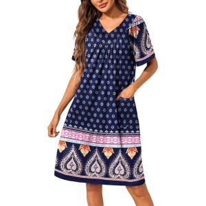 imageEkouaer Womens House Dress Floral Print Nightgown with Pockets Mumu DressNavy Boho