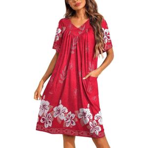 imageEkouaer Womens House Dress Floral Print Nightgown with Pockets Mumu DressRed