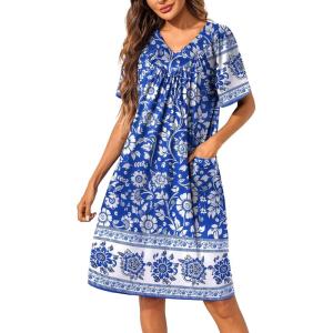imageEkouaer Womens House Dress Floral Print Nightgown with Pockets Mumu DressWhite Flower