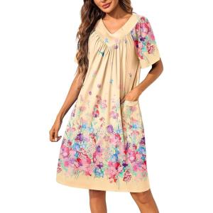 imageEkouaer Womens House Dress Floral Print Nightgown with Pockets Mumu DressYellow
