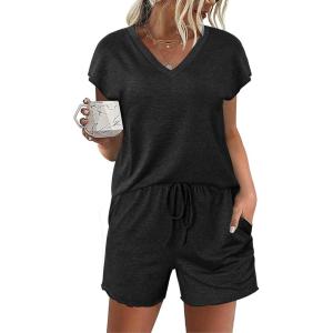 imageEkouaer Womens Pajamas Short Sleeve Summer Pj Set V Neck 2 Piece Loungewear Sleepwear SXXLBlack