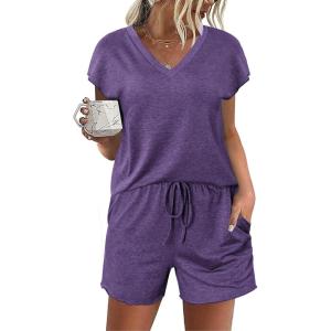 imageEkouaer Womens Pajamas Short Sleeve Summer Pj Set V Neck 2 Piece Loungewear Sleepwear SXXLBright Purple