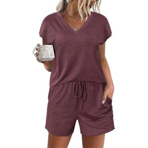 imageEkouaer Womens Pajamas Short Sleeve Summer Pj Set V Neck 2 Piece Loungewear Sleepwear SXXLBurgundy