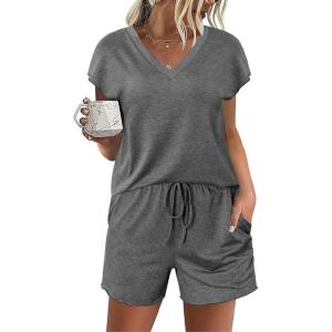 imageEkouaer Womens Pajamas Short Sleeve Summer Pj Set V Neck 2 Piece Loungewear Sleepwear SXXLCharcoal Gray