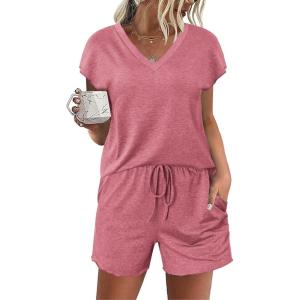 imageEkouaer Womens Pajamas Short Sleeve Summer Pj Set V Neck 2 Piece Loungewear Sleepwear SXXLDark Red