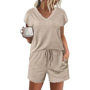 imageEkouaer Womens Pajamas Short Sleeve Summer Pj Set V Neck 2 Piece Loungewear Sleepwear SXXLKhaki
