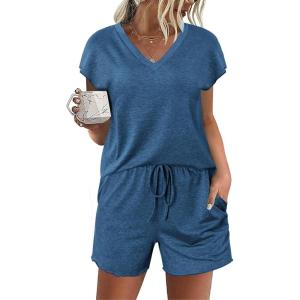 imageEkouaer Womens Pajamas Short Sleeve Summer Pj Set V Neck 2 Piece Loungewear Sleepwear SXXLNautical Blue