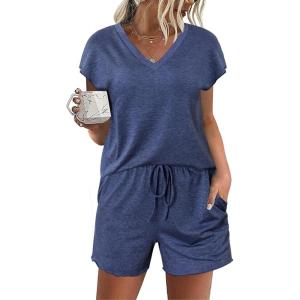 imageEkouaer Womens Pajamas Short Sleeve Summer Pj Set V Neck 2 Piece Loungewear Sleepwear SXXLNavy Blue