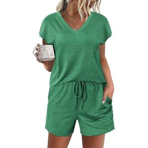 imageEkouaer Womens Pajamas Short Sleeve Summer Pj Set V Neck 2 Piece Loungewear Sleepwear SXXLOasis Green