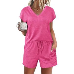 imageEkouaer Womens Pajamas Short Sleeve Summer Pj Set V Neck 2 Piece Loungewear Sleepwear SXXLPeach Pink