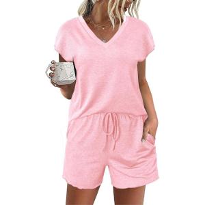 imageEkouaer Womens Pajamas Short Sleeve Summer Pj Set V Neck 2 Piece Loungewear Sleepwear SXXLPink