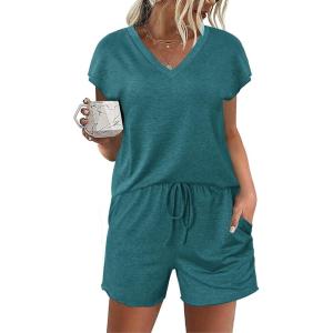 imageEkouaer Womens Pajamas Short Sleeve Summer Pj Set V Neck 2 Piece Loungewear Sleepwear SXXLTeal