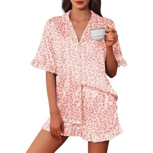 imageEkouaer Womens Satin Pajamas Cute Ruffle Sleeve Printed Sleepwear Button Down Silk Pjs SetCoffee Pink Leopard