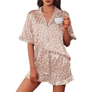 imageEkouaer Womens Satin Pajamas Cute Ruffle Sleeve Printed Sleepwear Button Down Silk Pjs SetKhaki Leopard