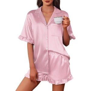 imageEkouaer Womens Satin Pajamas Cute Ruffle Sleeve Printed Sleepwear Button Down Silk Pjs SetPink White Stripes