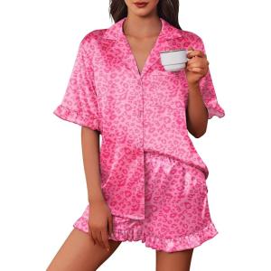 imageEkouaer Womens Satin Pajamas Cute Ruffle Sleeve Printed Sleepwear Button Down Silk Pjs SetRose Pink Leopard