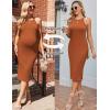 imageEkouaer Maternity Dress Rib Knit Side Slit Stretchy Bodycon Pregnancy Dresses Halter Neck Sleeveless Pregnant ClothesCaramel