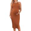 imageEkouaer Maternity Dress Rib Knit Side Slit Stretchy Bodycon Pregnancy Dresses Halter Neck Sleeveless Pregnant ClothesCaramel