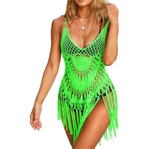 imageEkouaer Beach Swimsuit Cover Up Women Crochet Bikini Coverups Summer Pool Swimwear Tassel DressNeon Green
