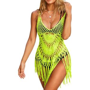 imageEkouaer Beach Swimsuit Cover Up Women Crochet Bikini Coverups Summer Pool Swimwear Tassel DressNeon Yellow