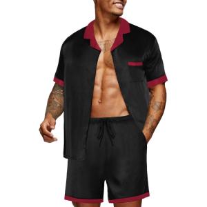 imageEkouaer Men Satin Silk Pajamas Set with Pockets Sleepwear Shorts Satin Summer Loungewear 2 Piece Button Down Set S3XLBlack