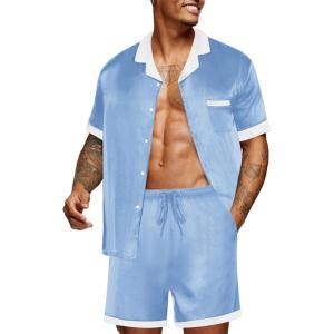 imageEkouaer Men Satin Silk Pajamas Set with Pockets Sleepwear Shorts Satin Summer Loungewear 2 Piece Button Down Set S3XLBlue